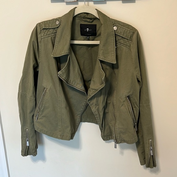 7 For All Mankind Women’s Army Green Twill Moto Style Jacket / Size M / Cotton - Picture 1 of 12